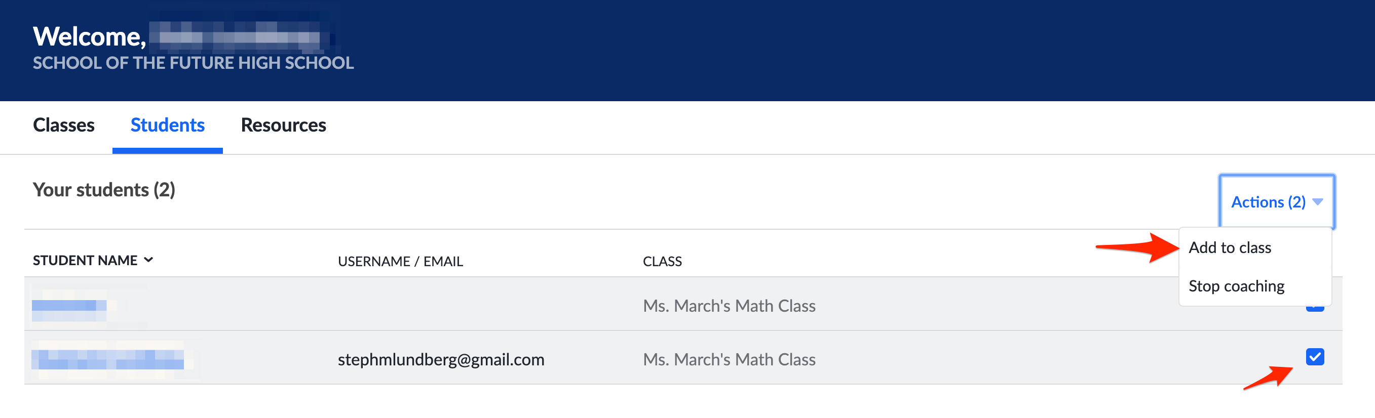 How do I add existing students to a class in my Teacher Dashboard